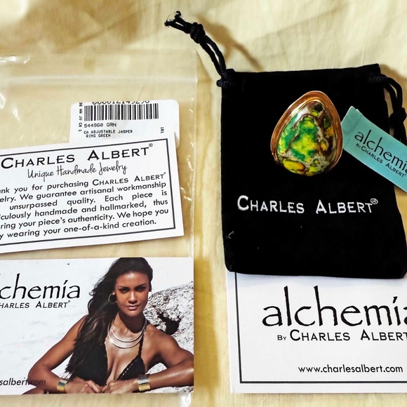 MOSAIC JASPER GEM RING, GREEN, SIZE ADJUSTABLE, LARGE STATEMENT RING, by CHARLES - Picture 3 of 8